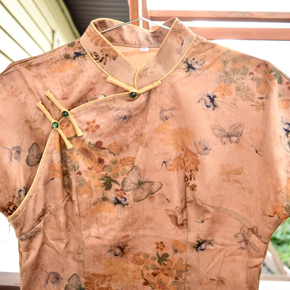 Yellow Flower Butterfly Qipao Long Dress - Chinese Traditional Cheongsam - Picture 2 of 4